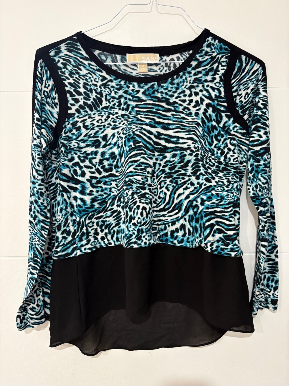 MICHAEL Michael Kors Teal and Black Animal-Print Layered Long-Sleeve Top